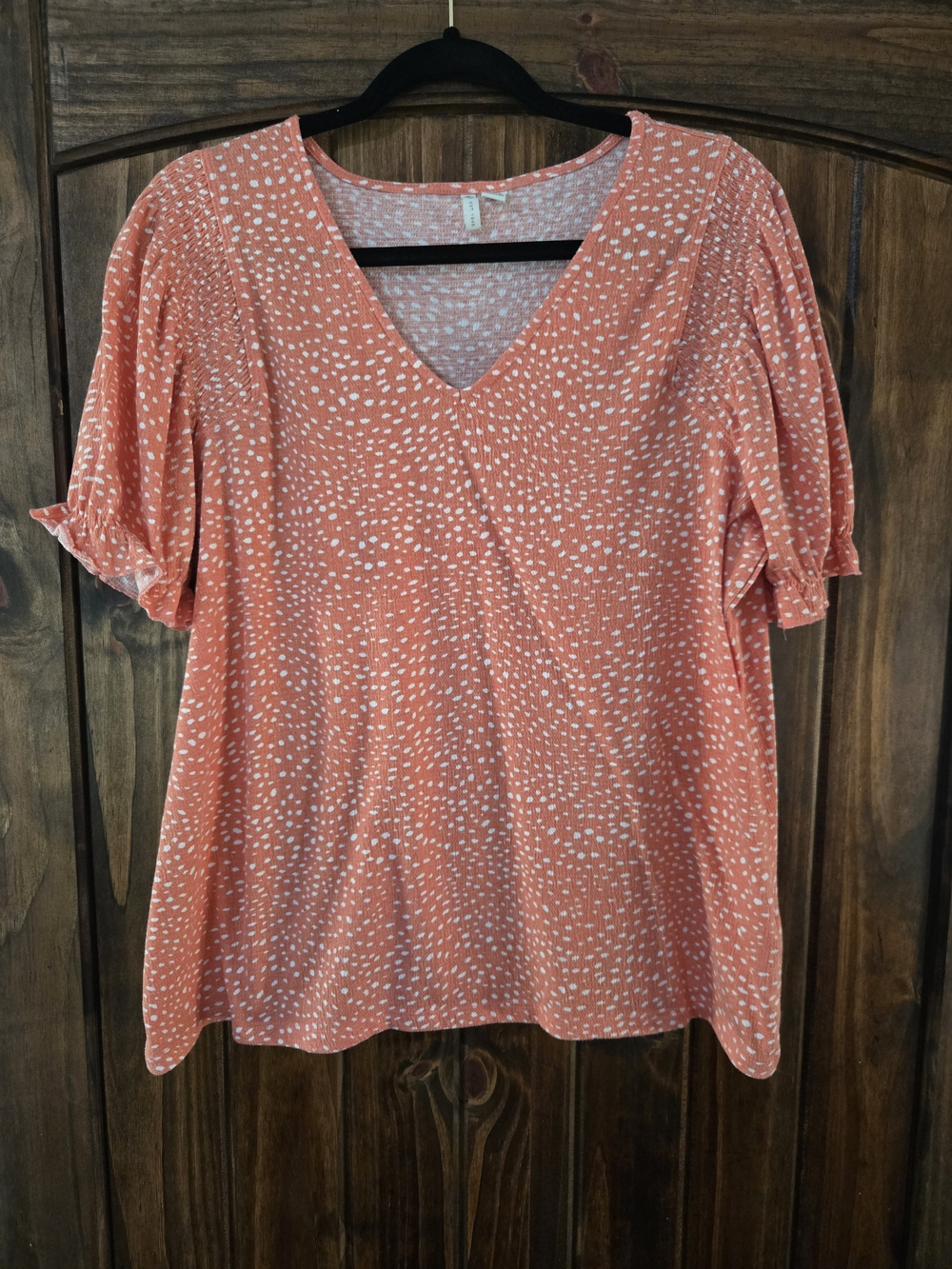 Cato Coral V-Neck Short Sleeve Tunic with White Dot Print
